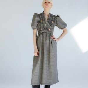 Tach Clothing Adelfa Smocked Wrap Dress in gingham embroidered floral Medium (G)